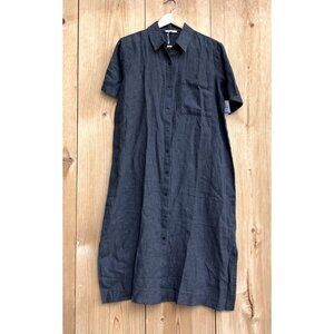 Eileen Fisher NWT Organic Linen Charcoal Short Sleeve Midi Shirtdress Sz Small
